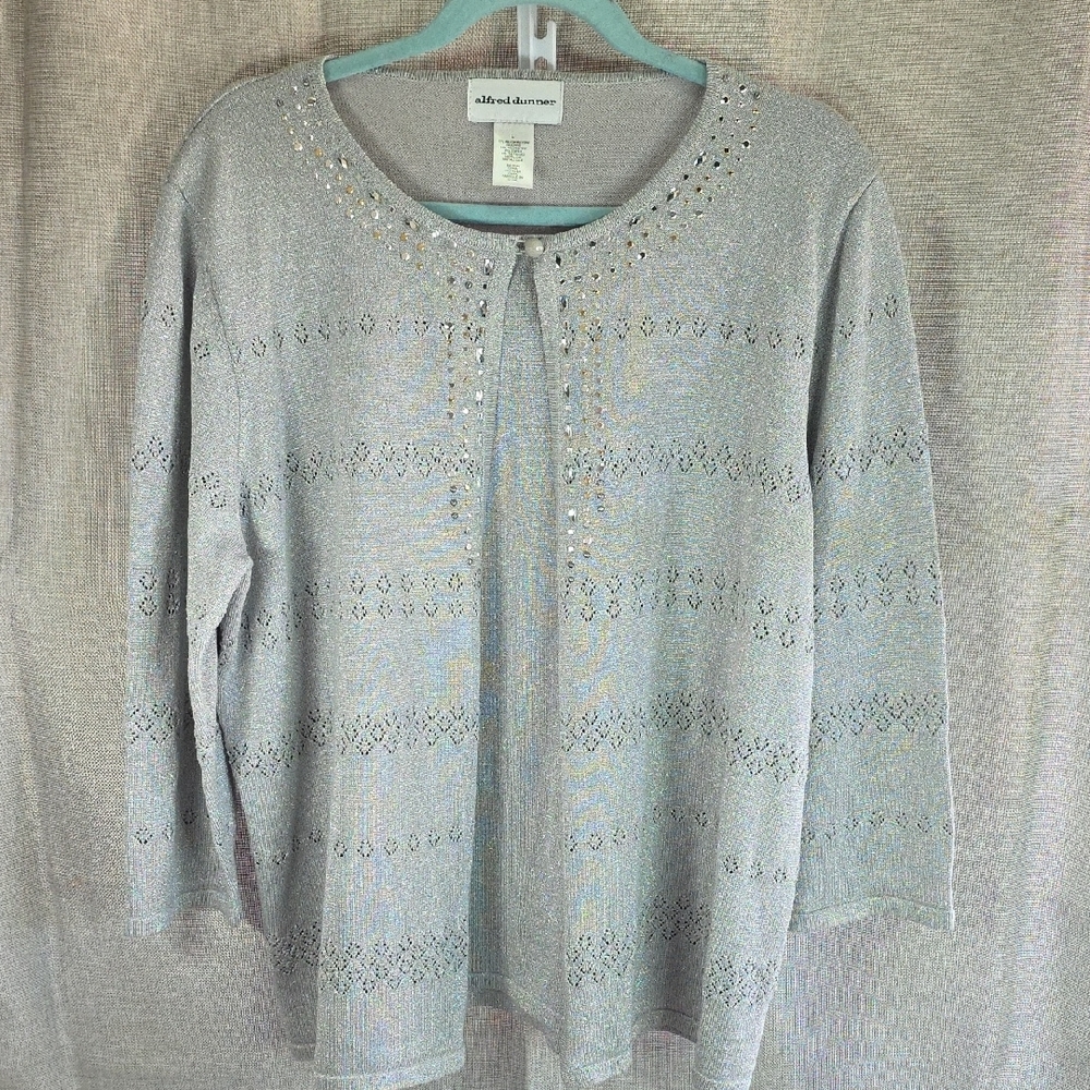 Alford Dunner Dressy Women’s Top 3/4 Sleeve Sparkly Light Gray Sz L H5 CL2025310